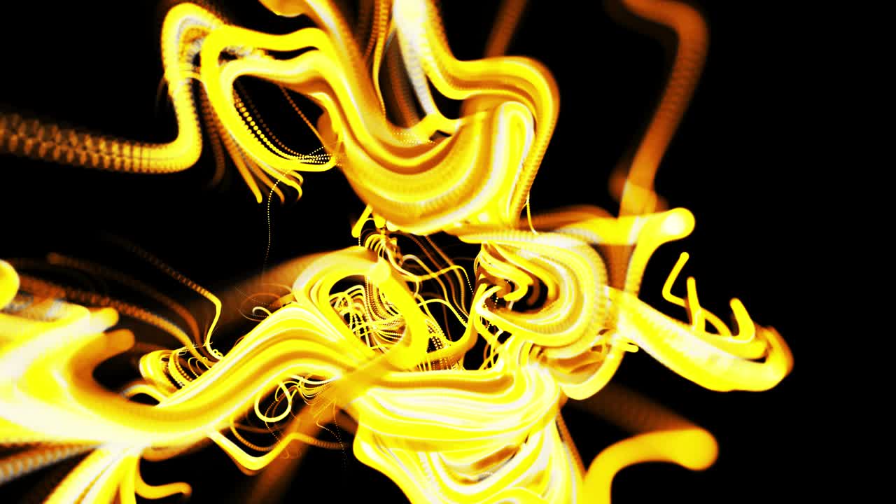 abstracto hermoso fondo de amarillo brillante flujo de líneas hechas de partículas. líneas crecen y forman abstractos hermosos rizos en el espacio. hermoso flujo de líneas de racimo en movimiento. hermosas rizos.
