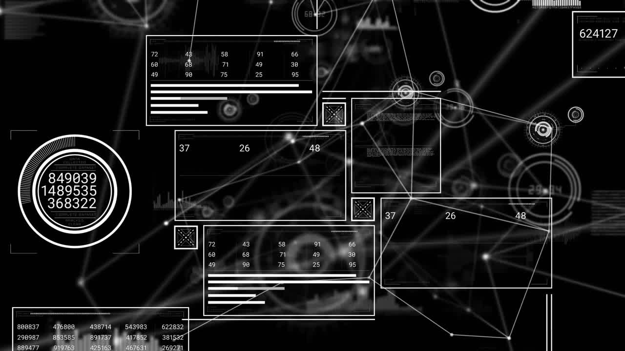 Glowing network nodes emerging launching data panels loading and sliding, illustrating data update