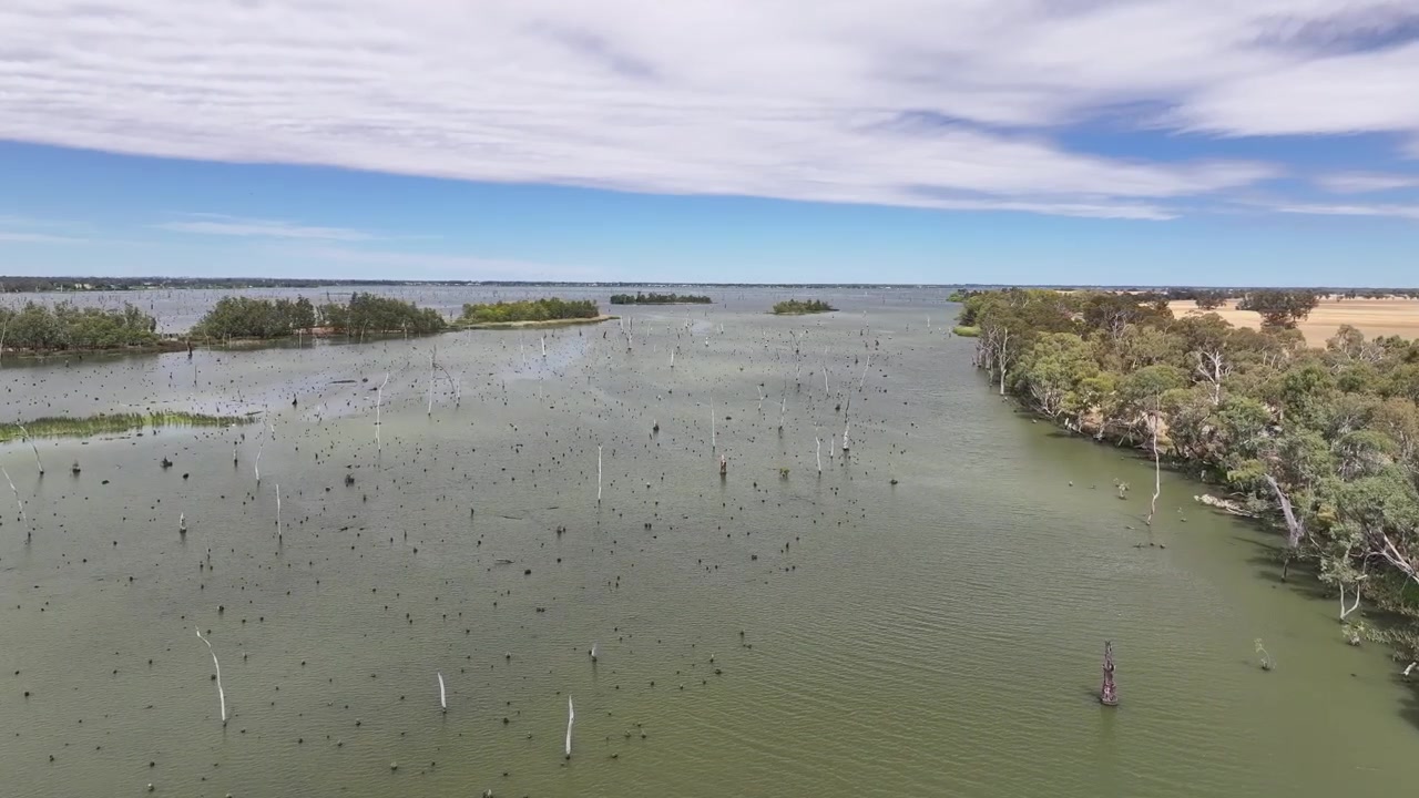 Slow drone push over Lake Mulwala revealing islands trees farmland and wetlands