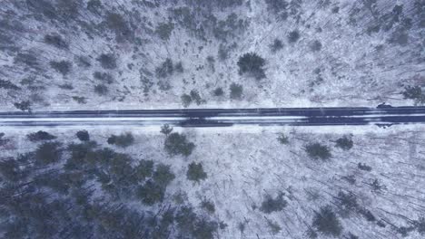 Vista-Aérea-De-Arriba-Hacia-Abajo-Del-Camino-Nevado-Entre-Los-árboles-Durante-La-Temporada-De-Invierno---Toma-Aérea-De-Drones