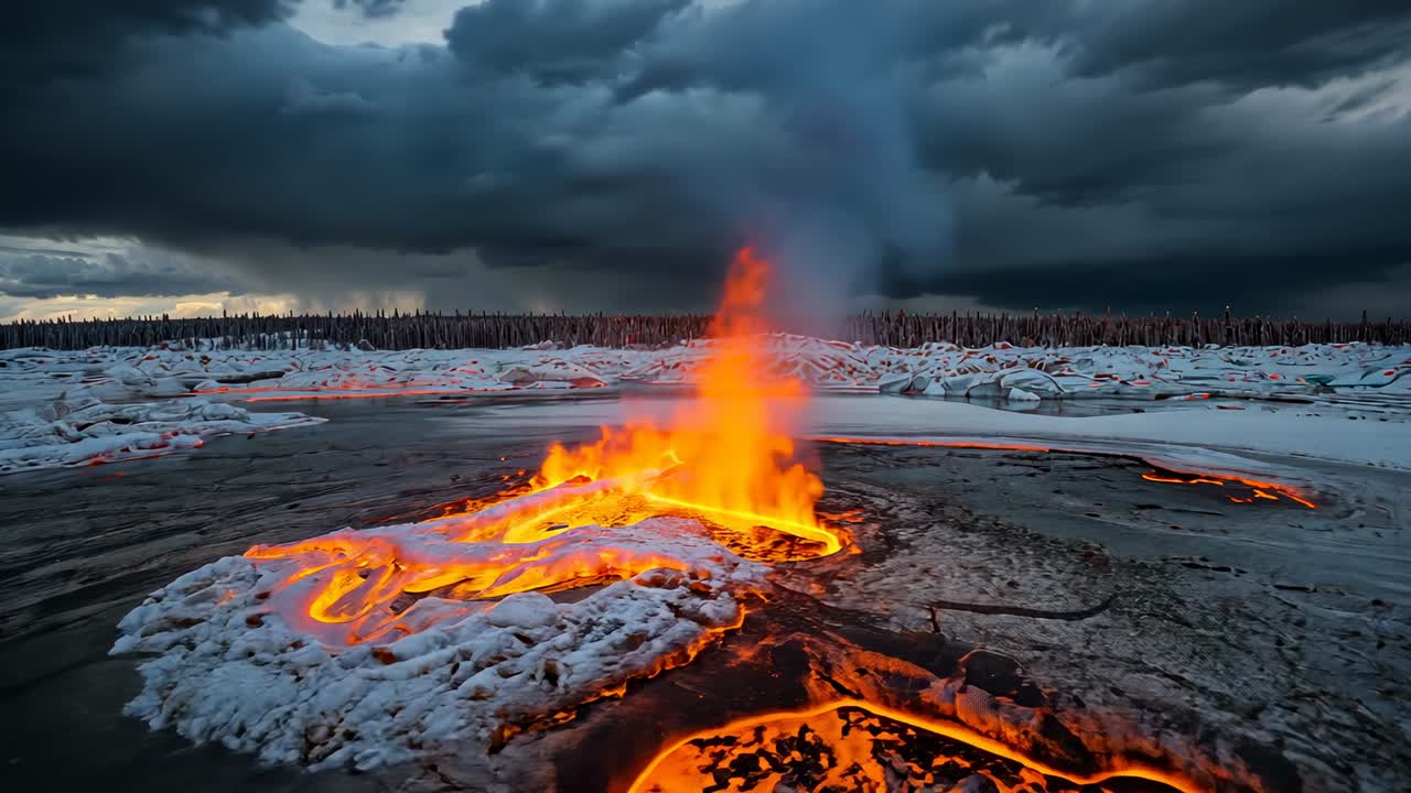 Heat building under ice, vent erupting sending lava over frozen floodplain, with steaming plume