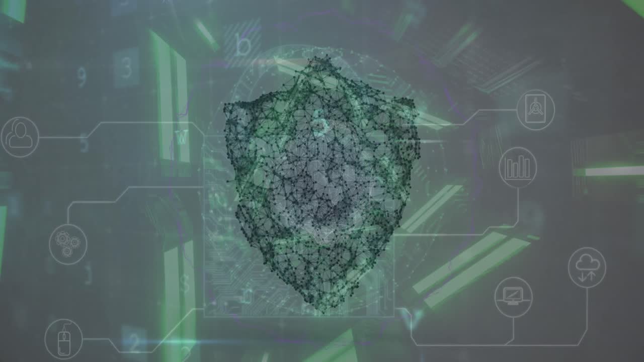 animazione dell'elaborazione dei dati con scudo sul tunnel.