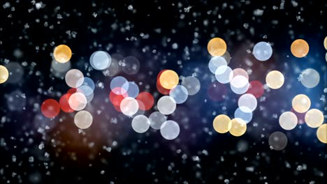 beautiful gentle christmas snow falling on night lights blinking background with slow breeze seamless. slow motion looped 3d animation. holidays celebration concept.