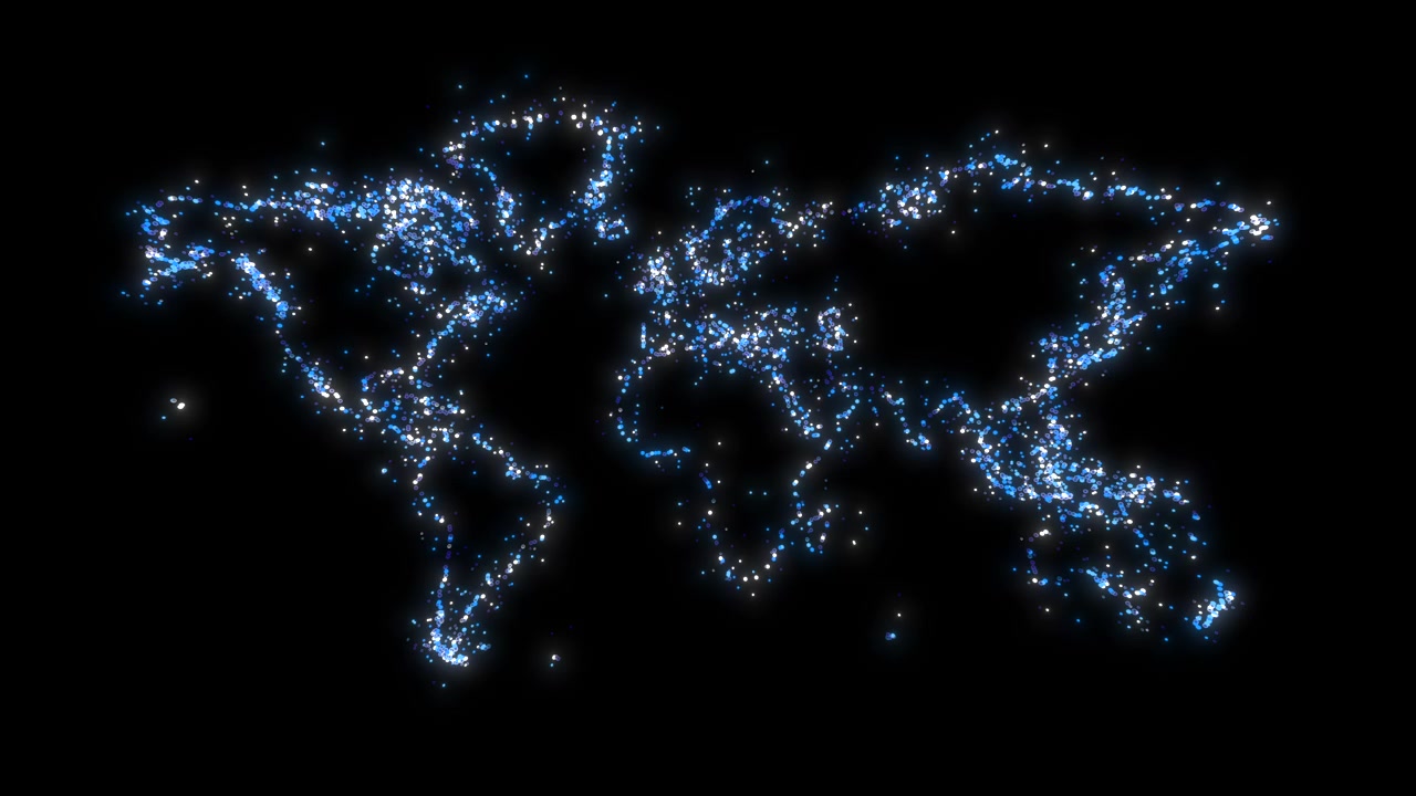 Cool-tone blue illuminated global network animation showing glowing particles in a world map shape