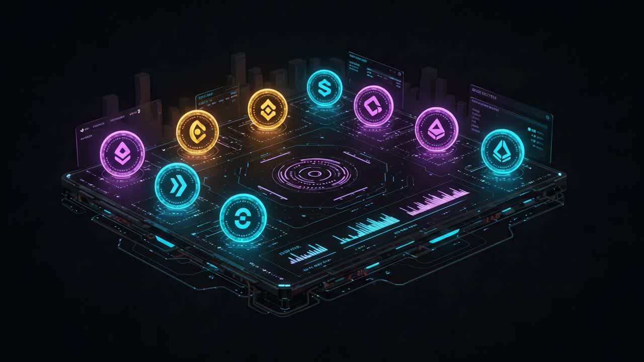 An Engaging and Futuristic Visual Representation of Digital Data and Analytics with Neon Icons Signifying Various Key Metrics on a High-Tech Grid Platform