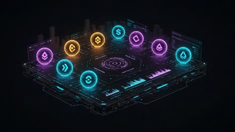 an engaging and futuristic visual representation of digital data and analytics with neon icons signifying various key metrics on a high-tech grid platform