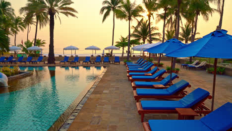 hermosa palmera con piscina de sombrillas en un complejo hotelero de lujo al amanecer