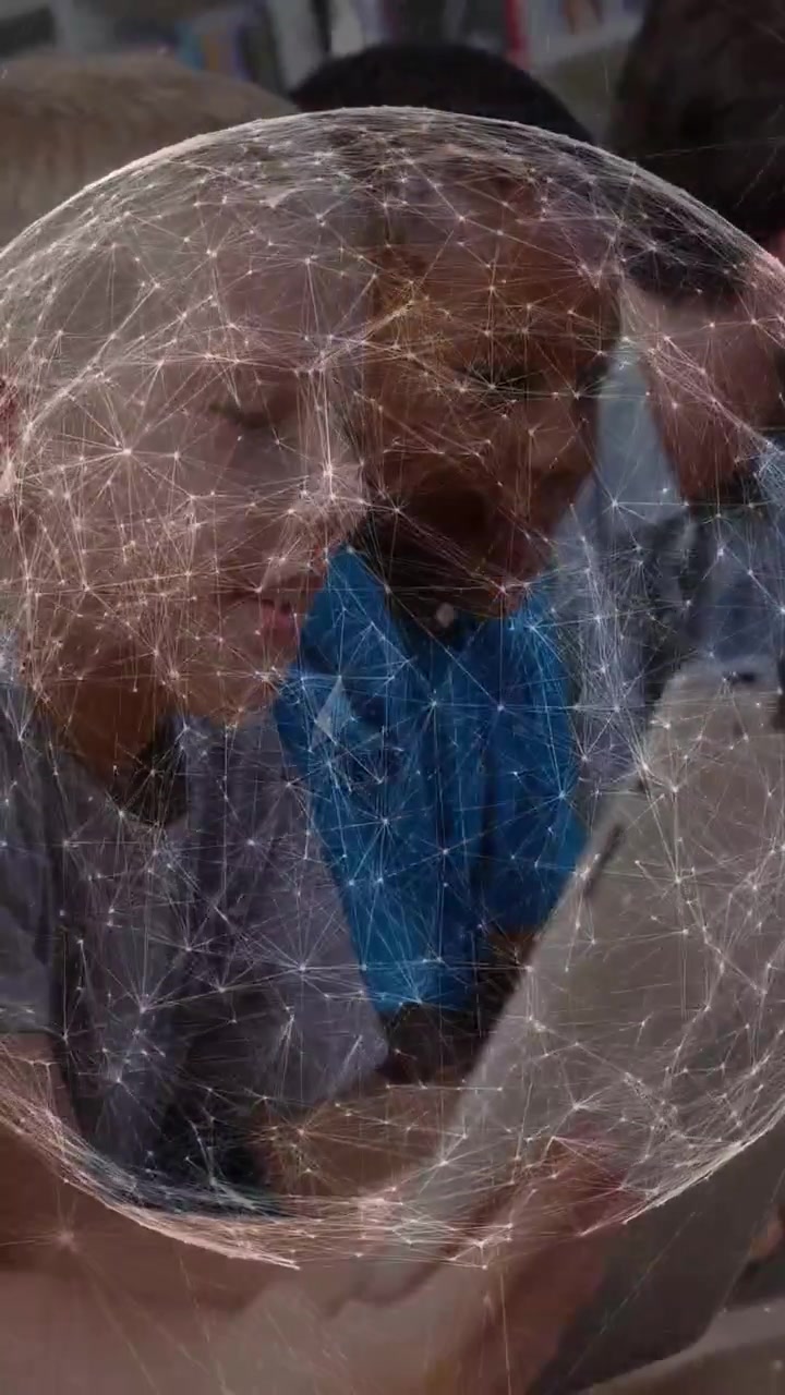 Vertical video: Kids tapping tablet adult guiding causing network overlay around them for education