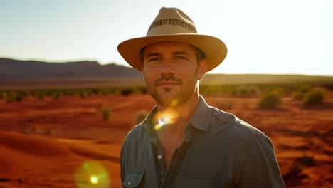 man in a hat looking at the camera in the desert