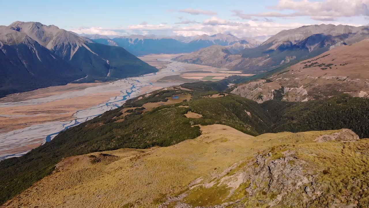 View From The Mountain Ridge Of Bealey Spur Track In Arthur's Pass National Park, Canterbury, New Zealand - Beautiful Landscape Scenery - aerial