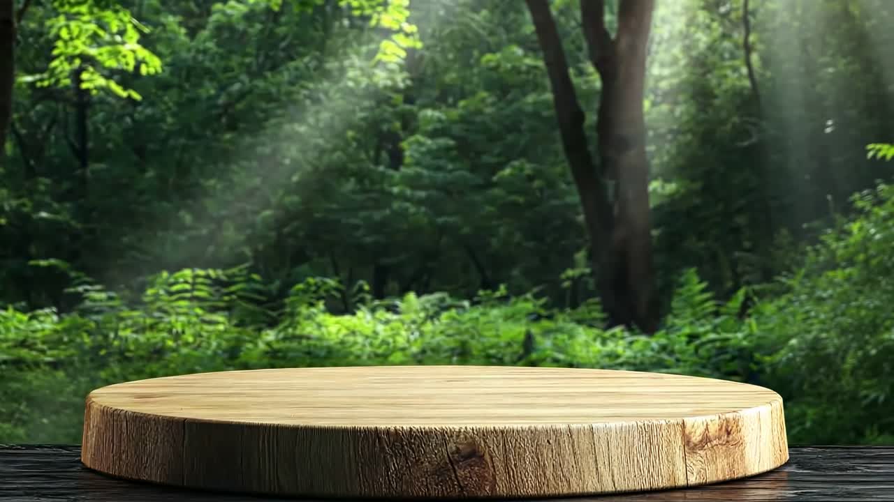 A wooden platform in a forest setting, captured from a low-angle, ideal for a nature-themed video