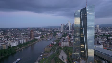 moody european central bank ecb tower in frankfurt am main germany from a drone in the morning 4k