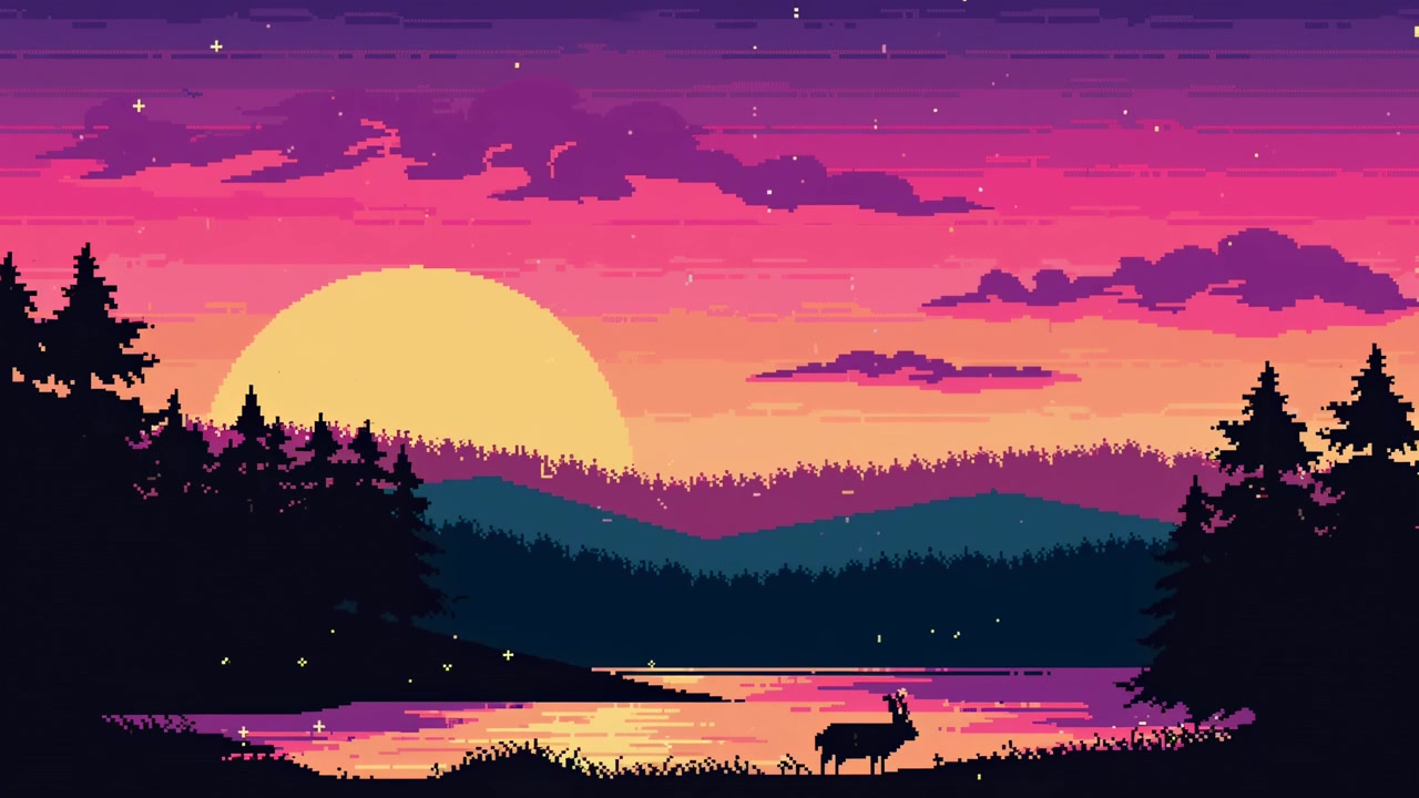 Paesaggio in pixel art con un cervo al tramonto