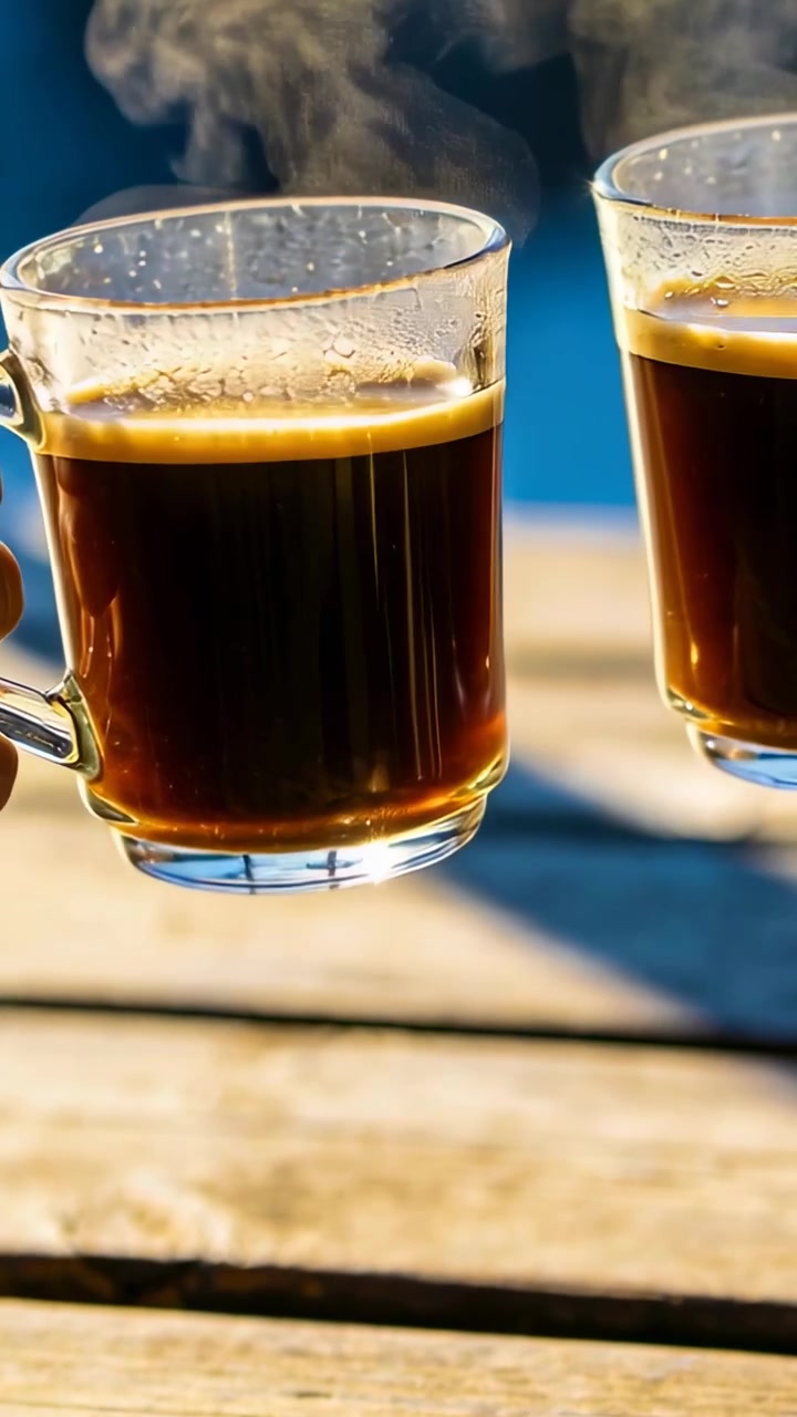 Vídeo vertical: Levantando duas canecas de café de vidro, mãos se tocando brevemente em uma mesa de pátio, compartilhando