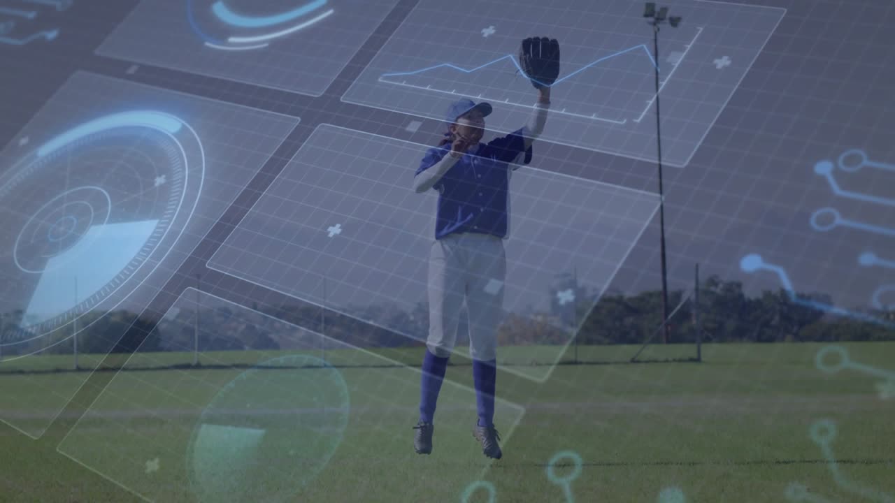 Woman fielder tracking fly ball leaping catching landing while sports HUD tracking path hiding her