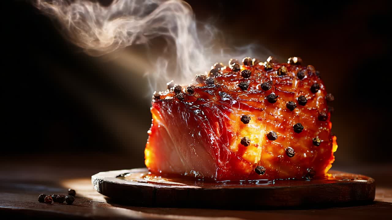 Deliciously Glazed Meat on a Wooden Platter: Capturing the Smoky Aroma and Rich, Glossy Surface of a Perfectly Cooked Dish, Ideal for Special Occasions or Festive Celebrations with Family and Friends