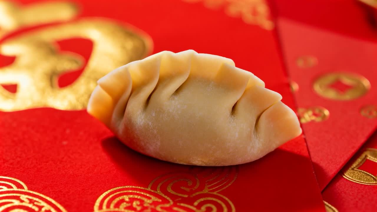 Adjusting camera and shifting focus on pleated dumpling on red paper at table, showing pleats