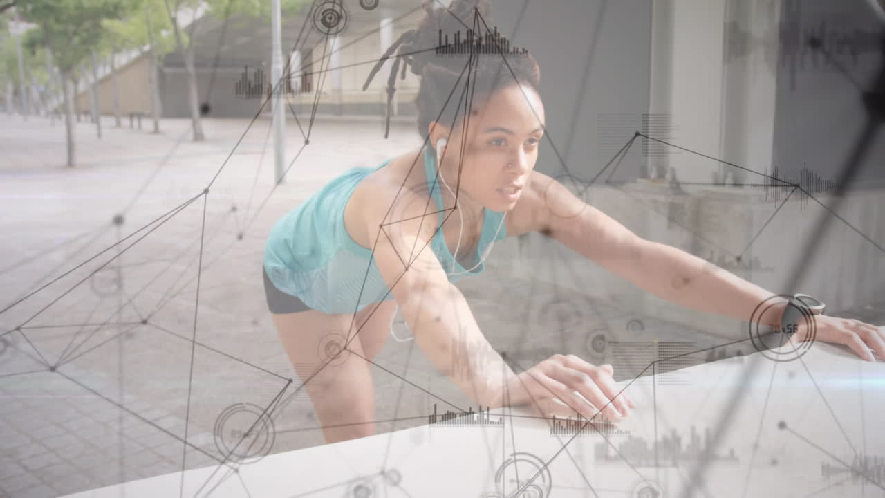 red de conexiones contra una mujer afroamericana que realiza ejercicios de estiramiento en el parque