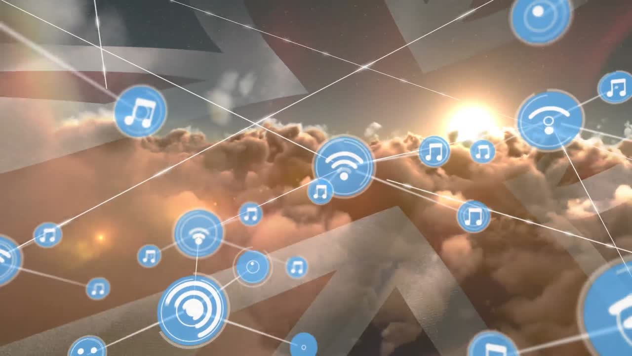 영국  ⁇ 발과 구름진 하늘 위의 연결 네트워크와 아이콘의 애니메이션