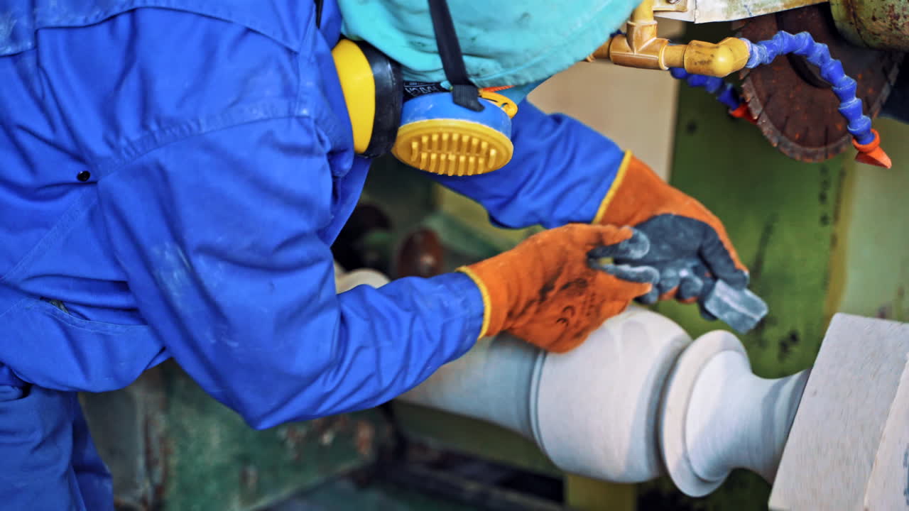 Man polishing stone. Polishing of a granite on a stone working factory