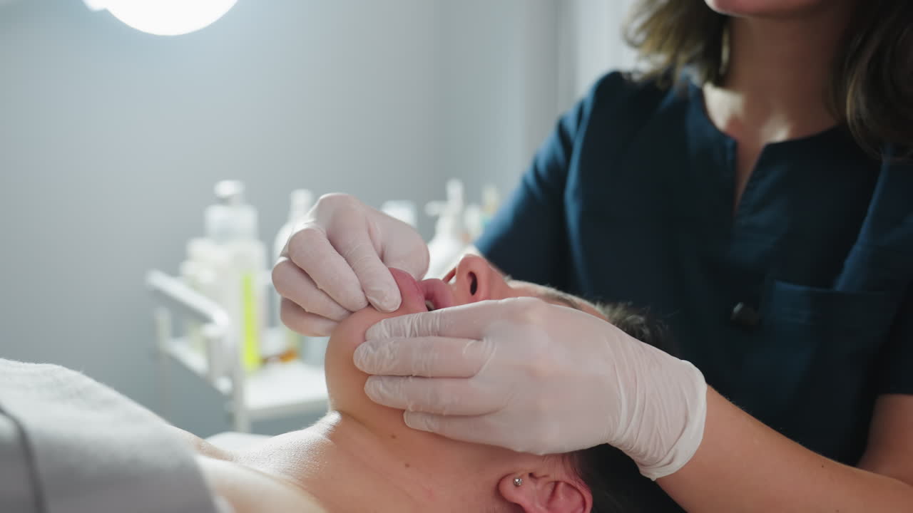 Lower lips of patient gently massaged by beauty technician wearing protective gloves under clinical lamp during facial therapy session conveying precision care and relaxation in spa environment