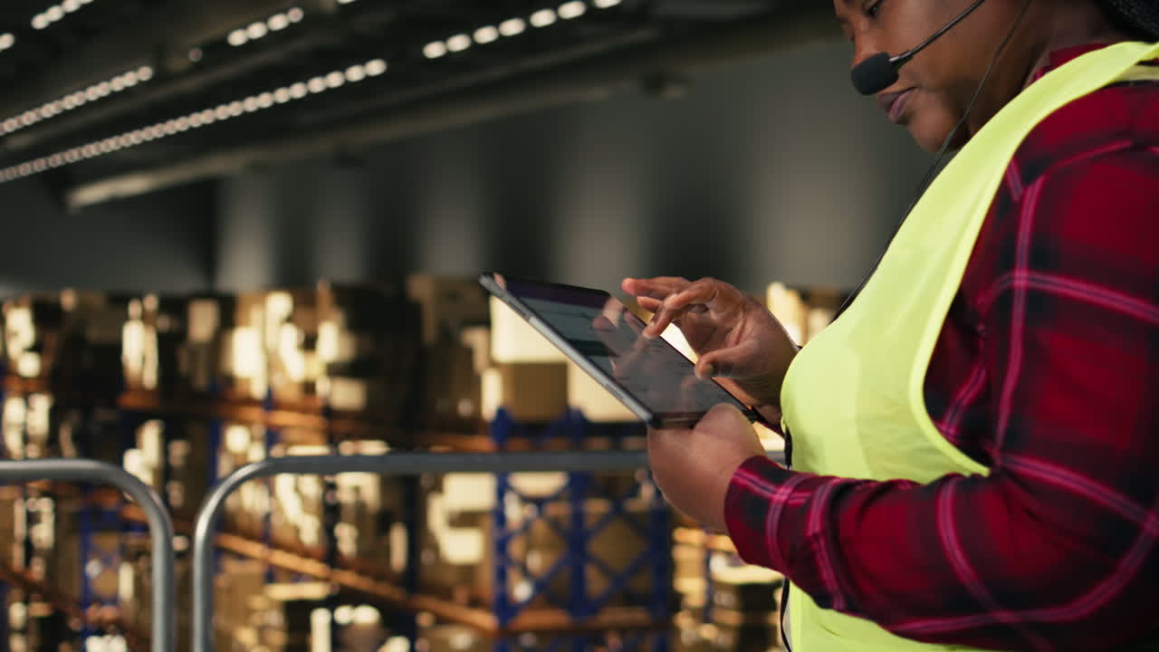 Female Warehouse Worker Using Tablet for Inventory Management