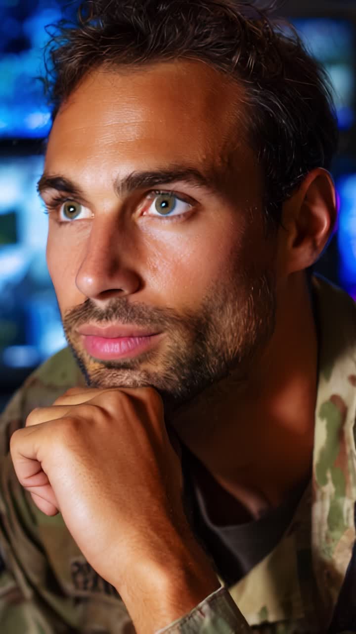Contemplative soldier in tactical uniform considering decisions with focused expression, surrounded by screens, captured in a moment of introspection and determination