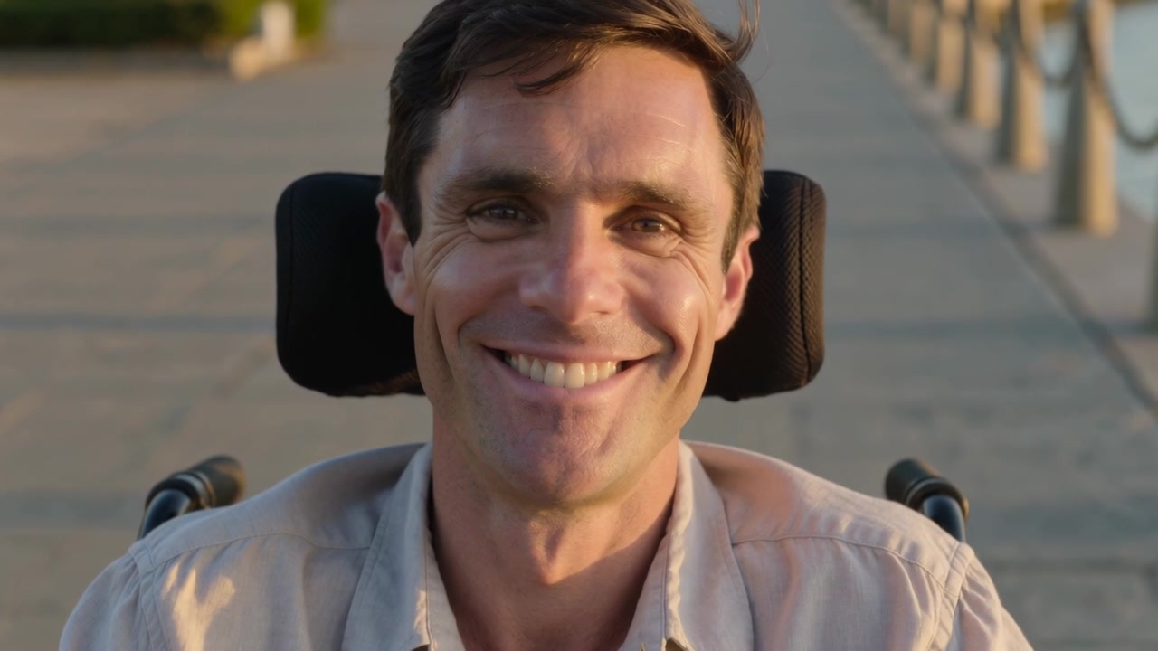 Uomo sorridente in sedia a rotelle che indossa una camicia abbottonata, con un sorriso sempre più ampio mentre la telecamera si avvicina su un vialetto.