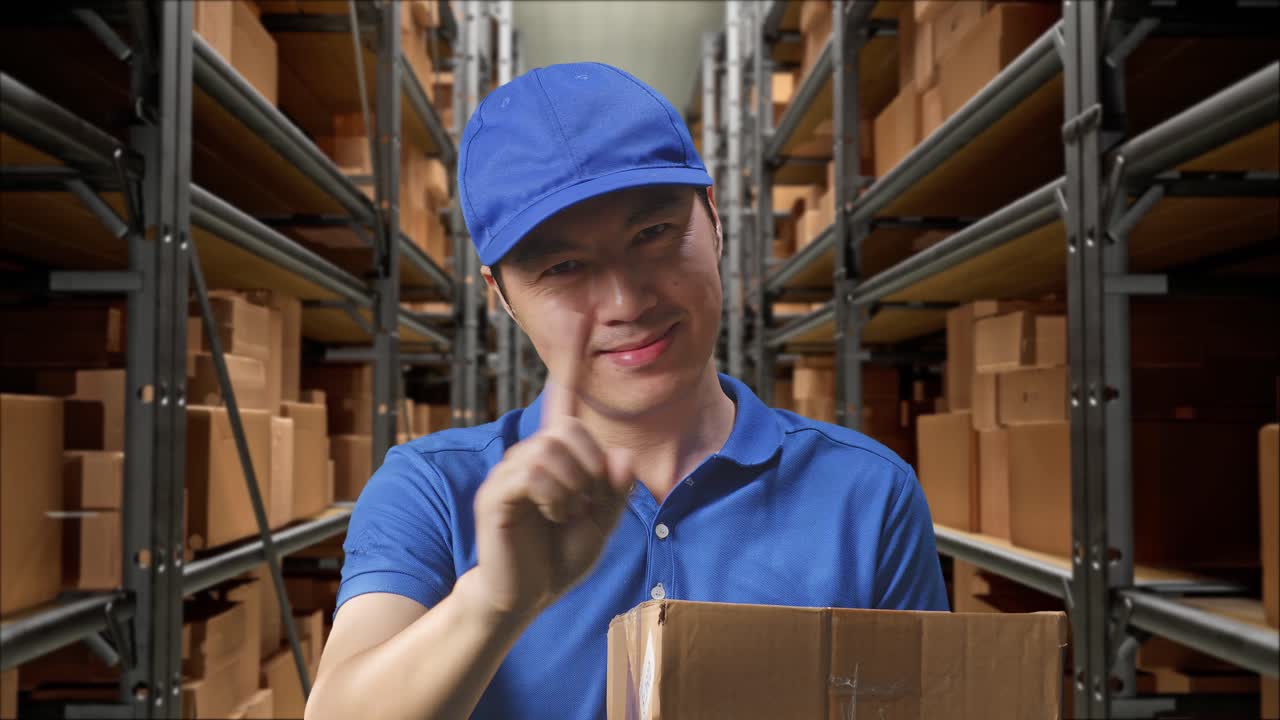 primer plano de un mensajero masculino asiático en uniforme azul que no muestra ningún gesto mientras entrega un cartón en el almacén