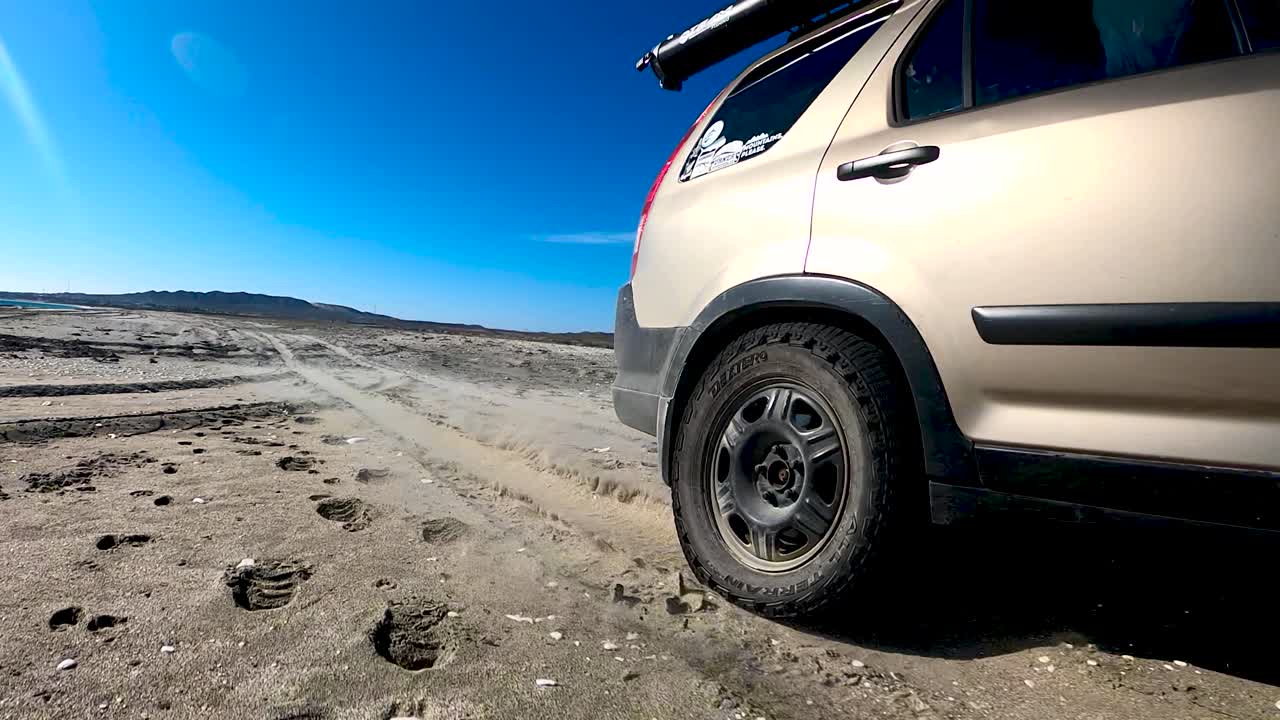 vista trasera de un suv conduciendo a lo largo de una carretera costera arenosa en un día de cielo azul