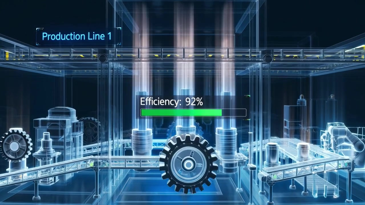 Holographic Production Line Displaying Efficiency Metrics and Robotic Operations