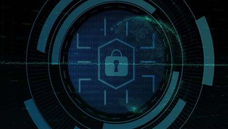 animation of digital data processing over padlock icon