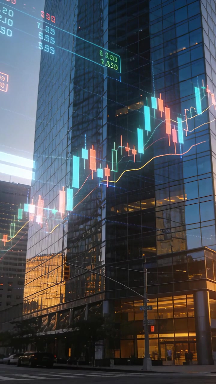 Vídeo vertical: Sobreposição aparecendo, animando um gráfico de velas sobre o canto de uma torre, monitorando o mercado.