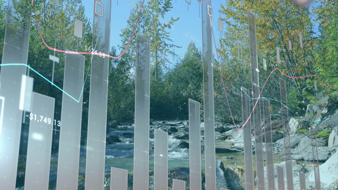 Financial data graphs and charts animation over serene forest landscape