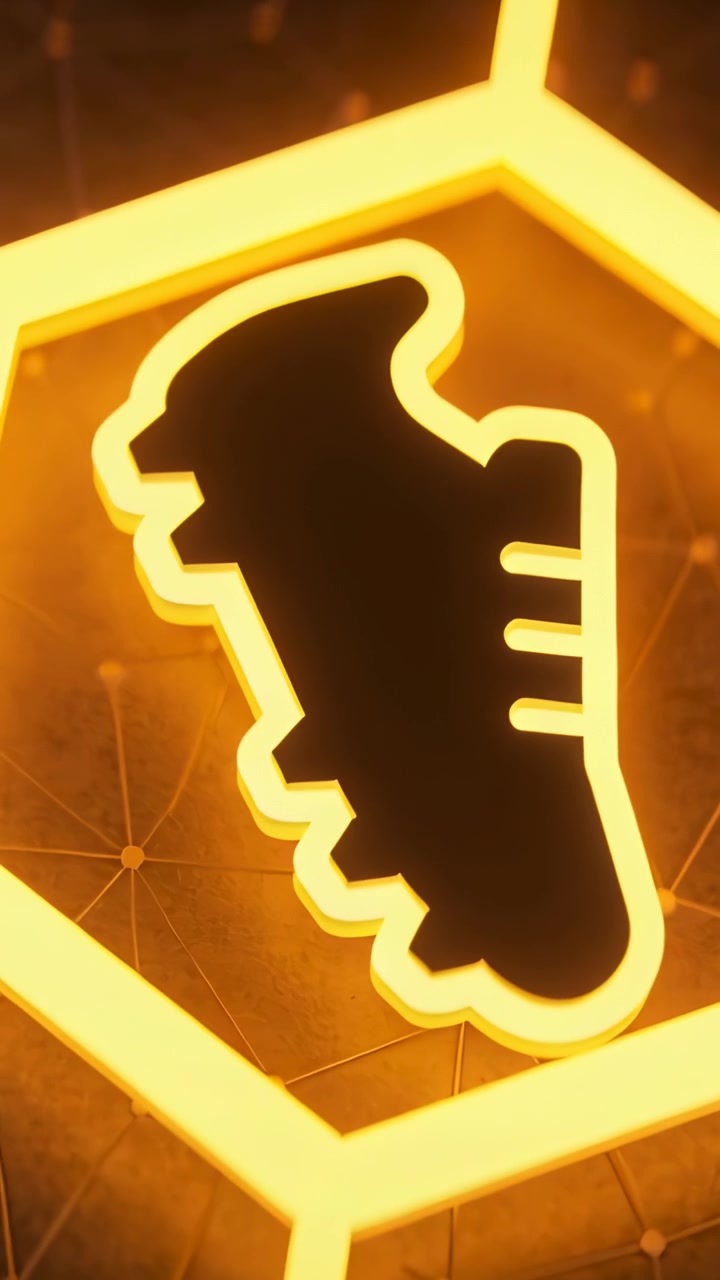 Vertical video: Panning black boot revealing inside glowing gold hexagon white inner rim and nodes