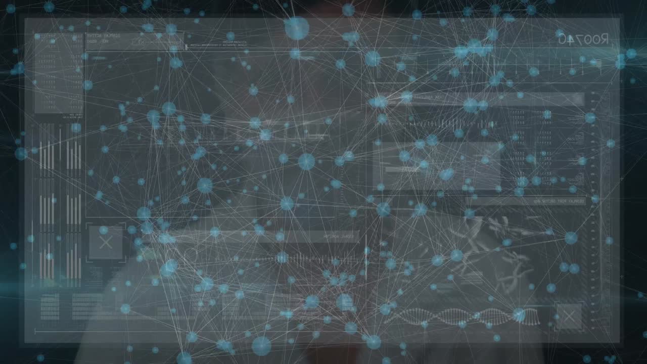 Animation of network of connections and diverse data over woman touching screen