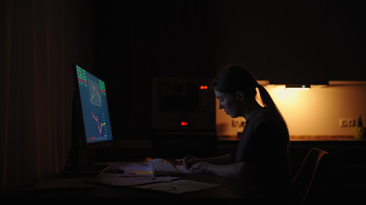 Portrait woman of a Financial Analyst Working on Computer with Monitor Workstation with Real-Time Stocks Commodities and Exchange Market Charts