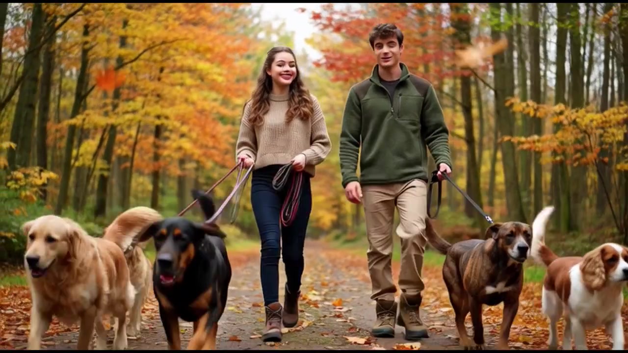 Young Couple Walking Multiple Dogs on a Path in an Autumn Forest