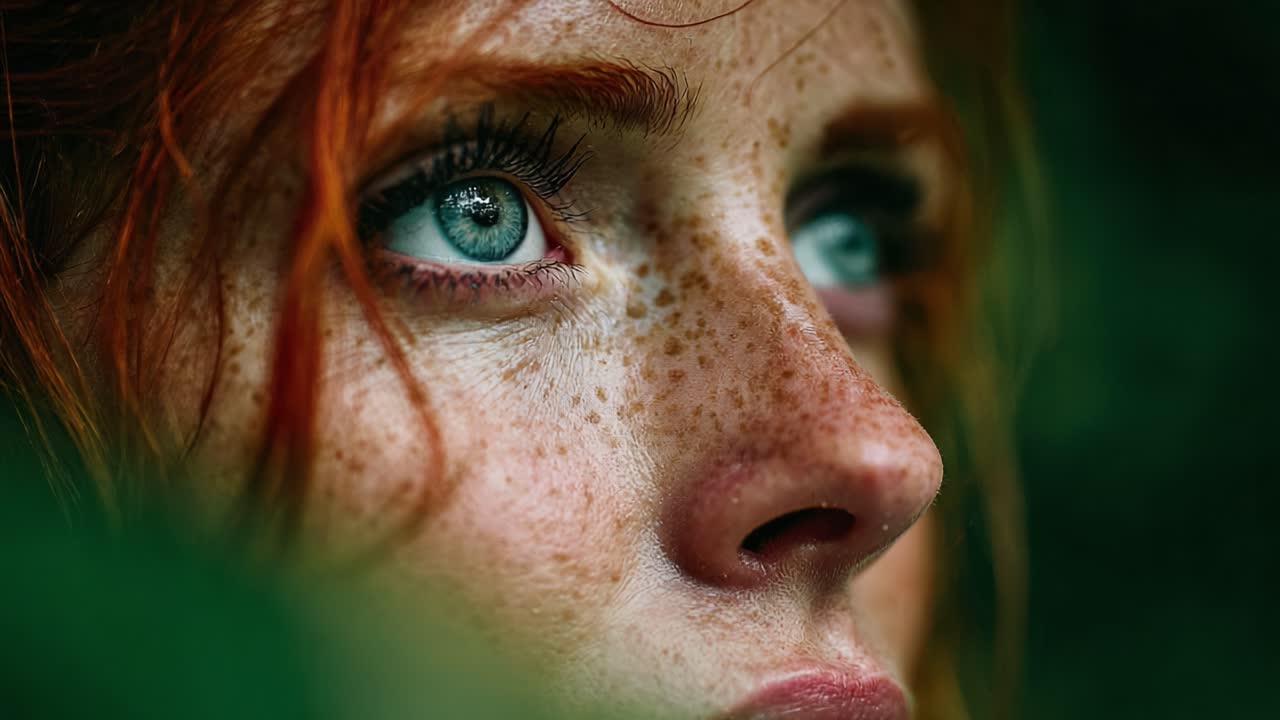 A Portrait of Serenity: Capturing the Calm Expression of a Young Woman with Freckles and Vibrant Red Hair Amidst Lush Greenery