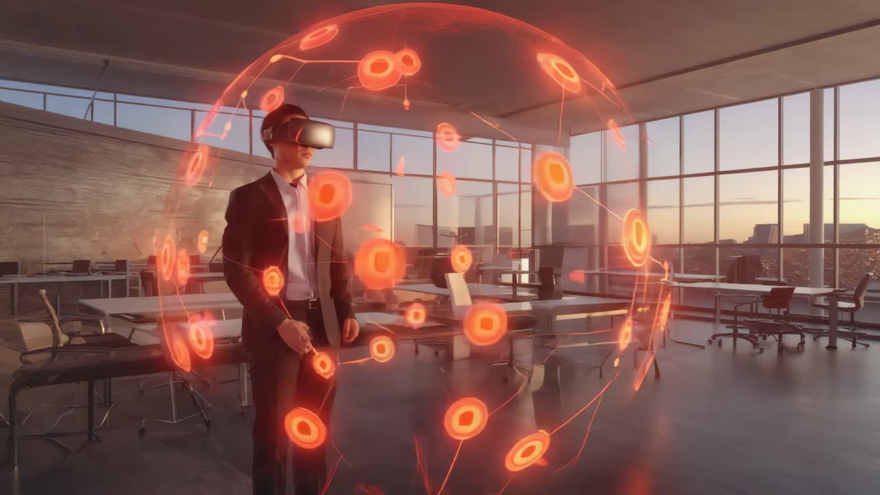 Man in VR headset interacting with a holographic data sphere in a modern office