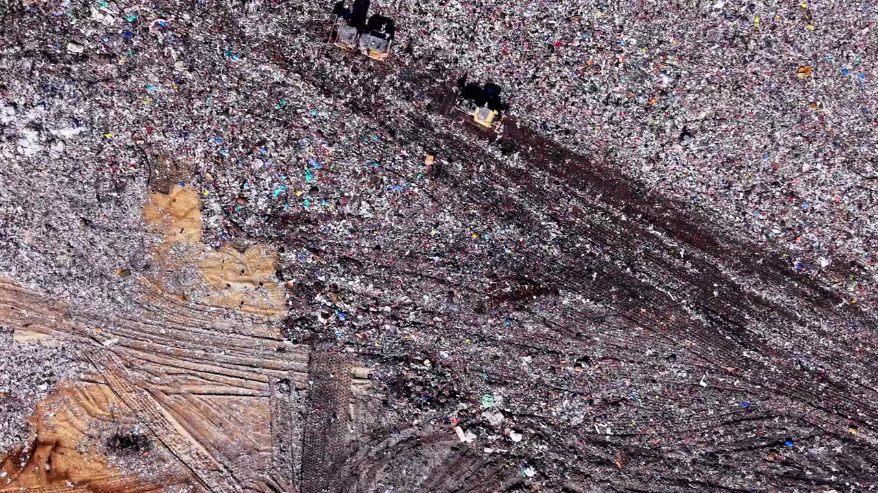 Vista aérea da textura de resíduos triturados, aterro sanitário. Padrão de detritos coloridos com dois tratores de esteira projetando longas sombras