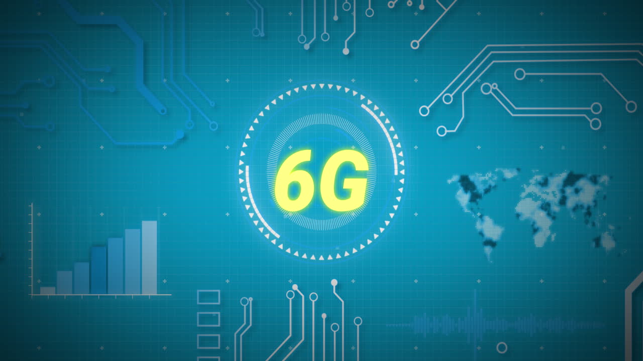 animación de texto 6g, escaneo de alcance y procesamiento de datos sobre el mapa del mundo