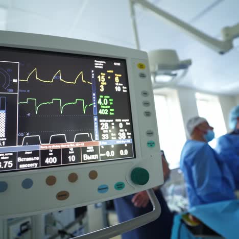 waves on the screen of a medical monitor in clinic. monitor displays the patient's condition during surgery. medical equipment in operating room