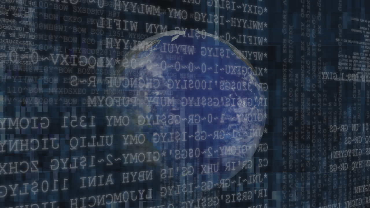 animación digital de tormenta de trueno rojo sobre el globo giratorio contra el procesamiento de datos