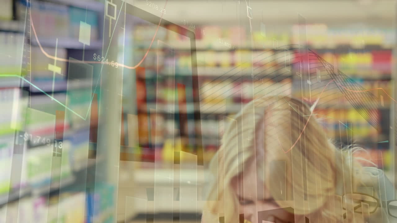 백인 여성 쇼핑에 대한 데이터 처리의 애니메이션