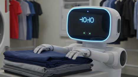 a futuristic robot folding clothes: showcasing advanced technology in household tasks with a sleek design and intelligent features for everyday use