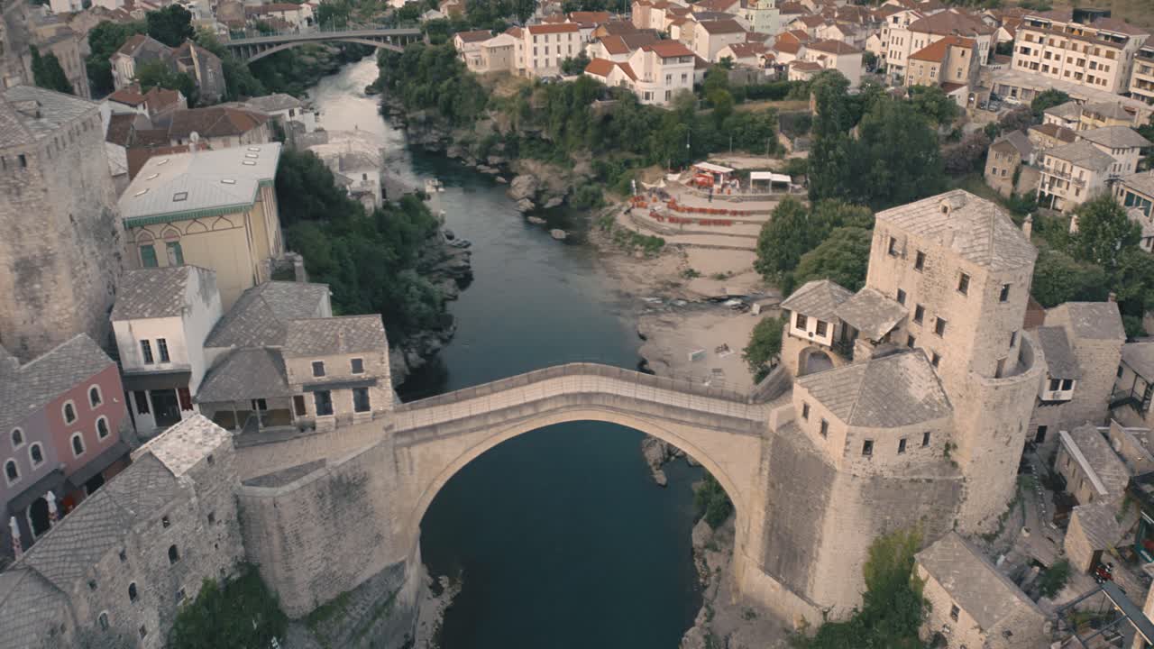 Drone footage of Mostar, Bosnia, during golden hour