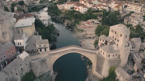 drone footage of mostar, bosnia, during golden hour