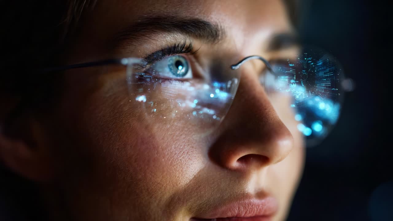 A close-up look at a person with glasses reflecting a technology-inspired blue glow, capturing the essence of innovation and futuristic insights, showcasing an intense focus on digital information