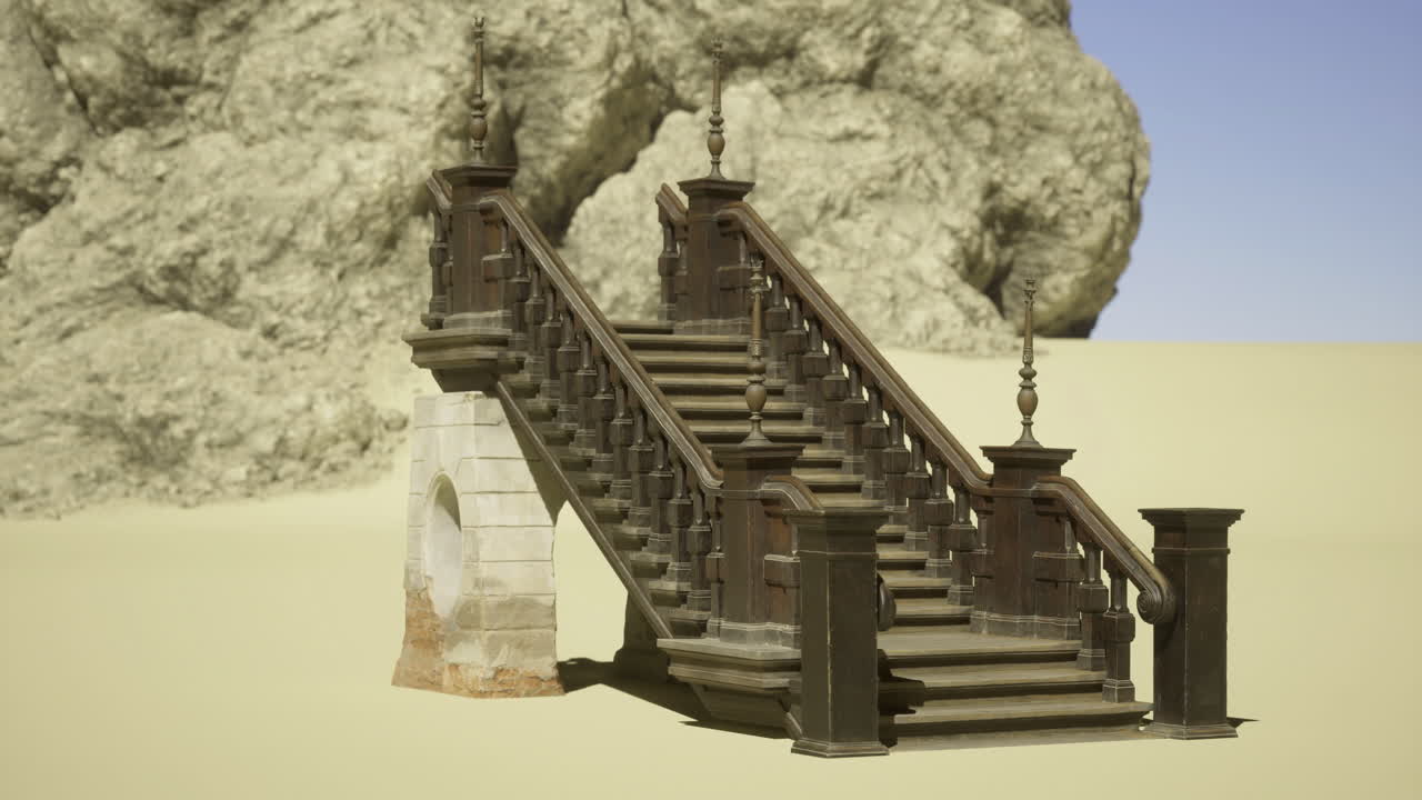 Staircase leading to nowhere in a surreal desert landscape
